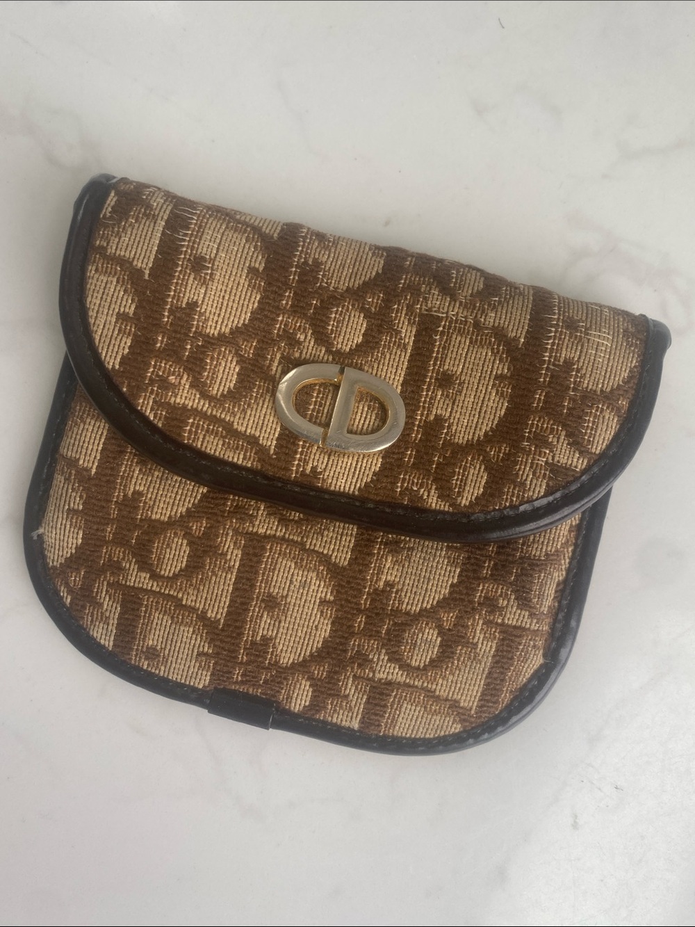 Christian Dior Vintage Trotter Monogram Canvas Coin Purse Brown DAMAGED SNAP
